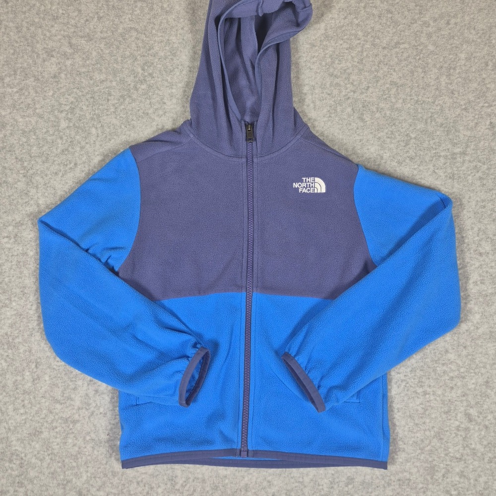 The North Face Fleece Hoodie Kids S 7/8 Blue Colorblock TKA 100 Full Zip Jacket